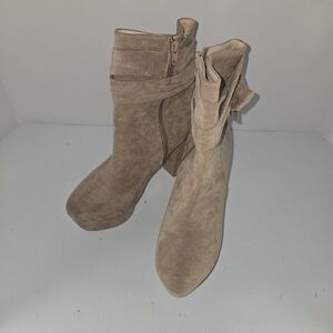 Tan‎ Suede Foldover Ankle Boots Block Heel Zip Up Women Size 40